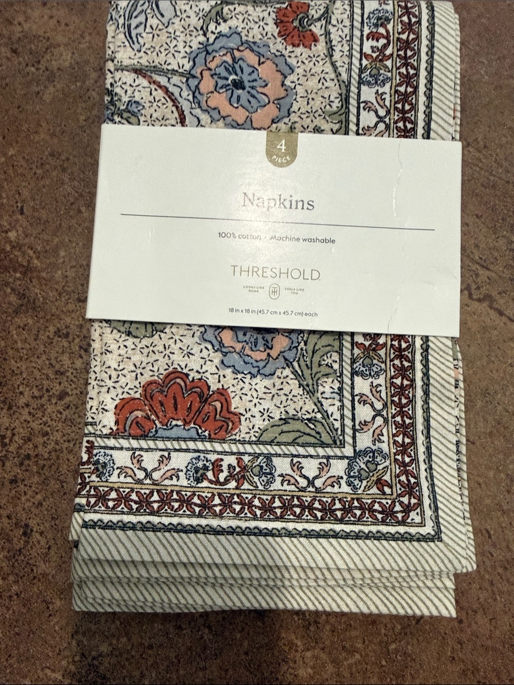 Threshold Floral Border Cotton Napkins in Cream, Terracotta, Blue